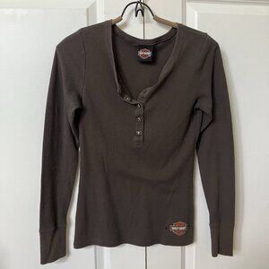 Y2K Harley Davidson Waffle Knit Thermal Henley Skull Snap Button Fairy Grunge